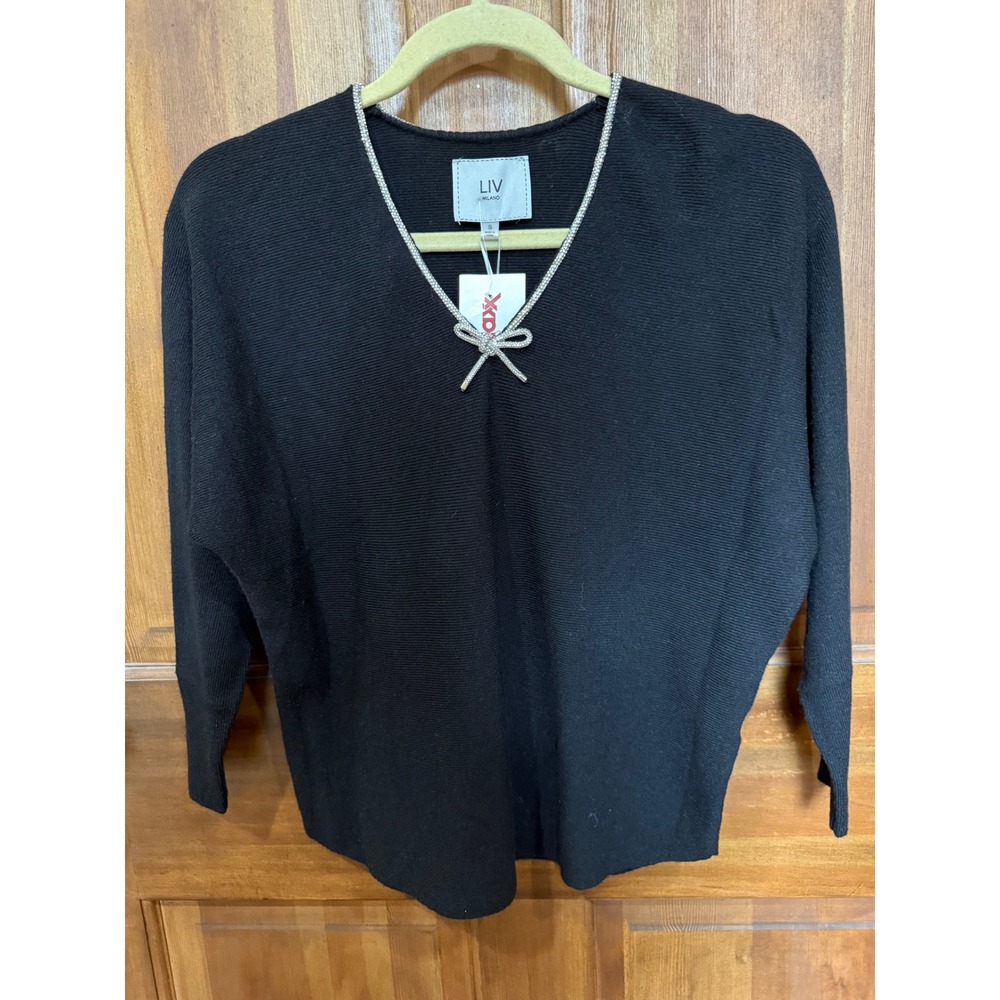 LIV Milano NWT‎ Women Black Ribbed V-Neck Rhinestone Bow Trim Sweater Small NEW